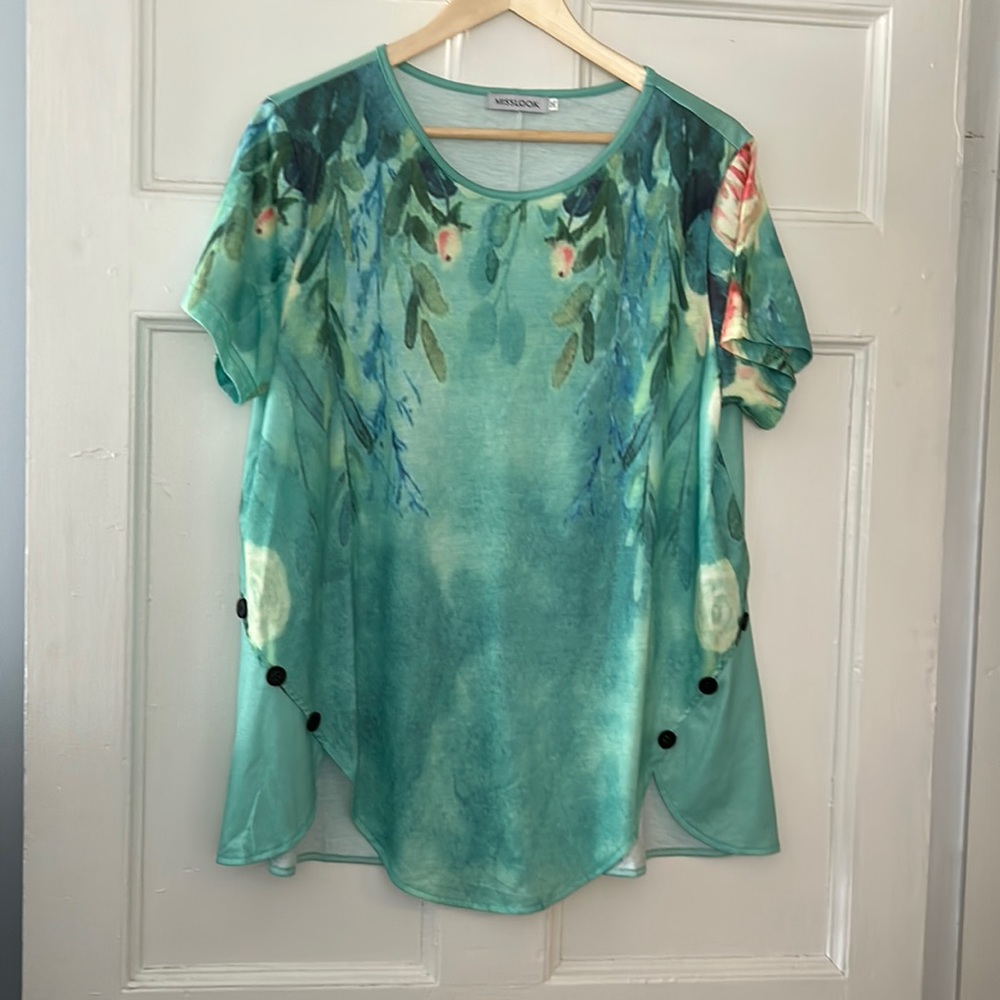MISSLOOK, floral, watercolor, top, shades of green floral. Size XL.